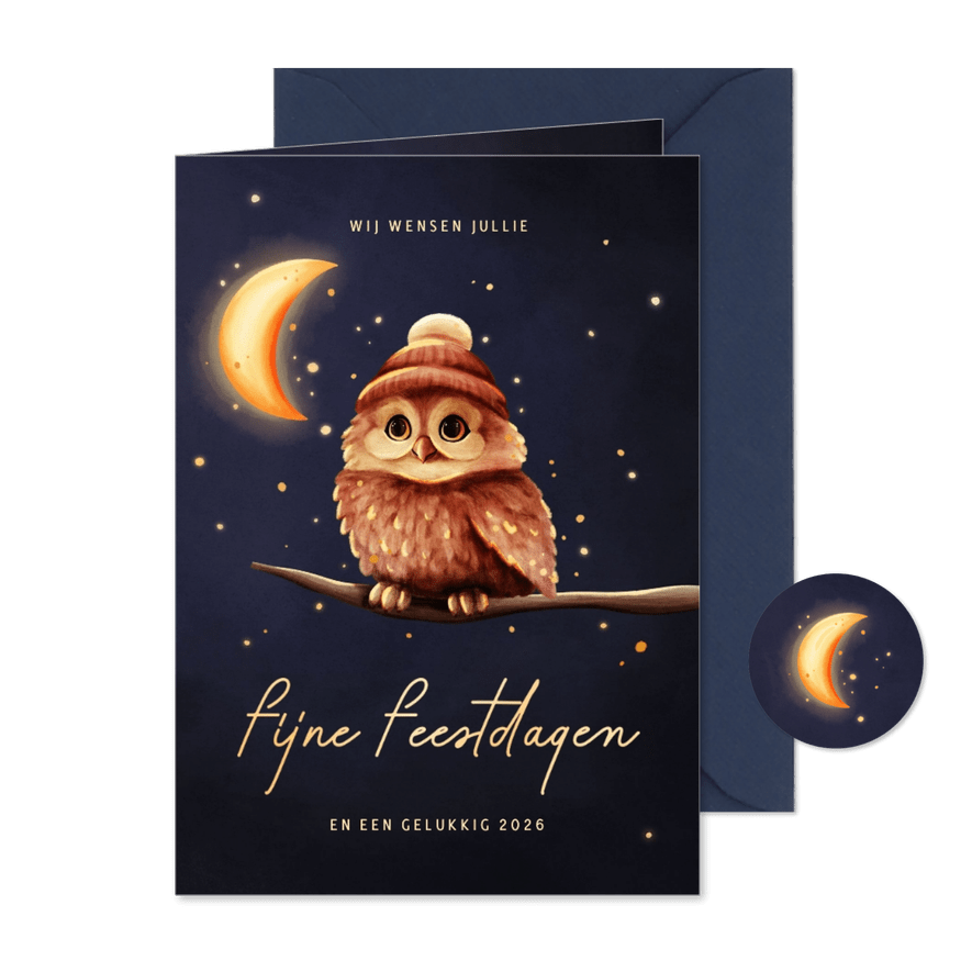 Kerstkaart uil op takje met sprankelende maan  - Kaartimpressie