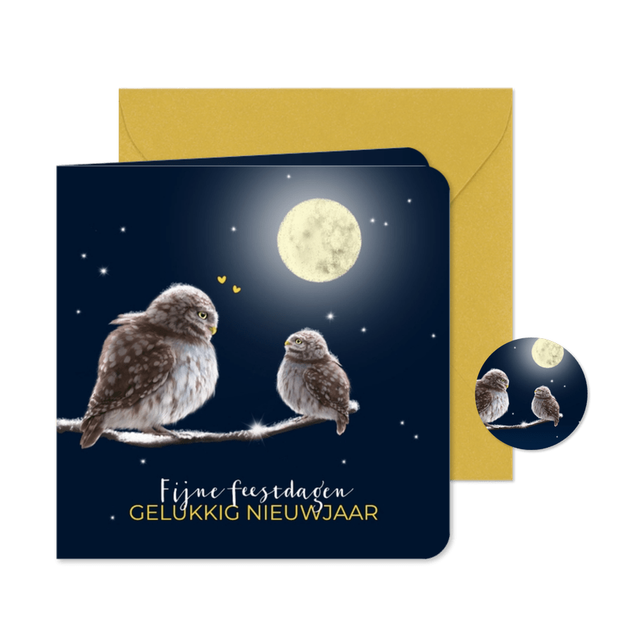 Kerstkaart uilen met maan - Kaartimpressie