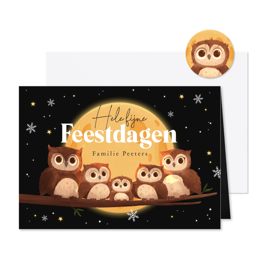 Kerstkaart uiltjes bosdieren familie maan sterren feestdagen - Kaartimpressie