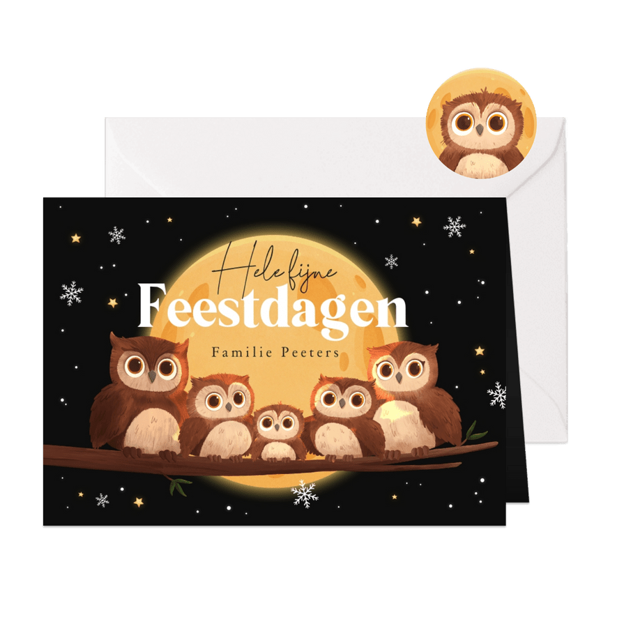 Kerstkaart uiltjes bosdieren familie maan sterren feestdagen - Kaartimpressie