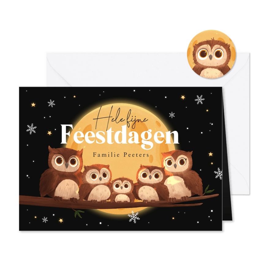 Kerstkaart uiltjes bosdieren familie maan sterren feestdagen - Kaartimpressie