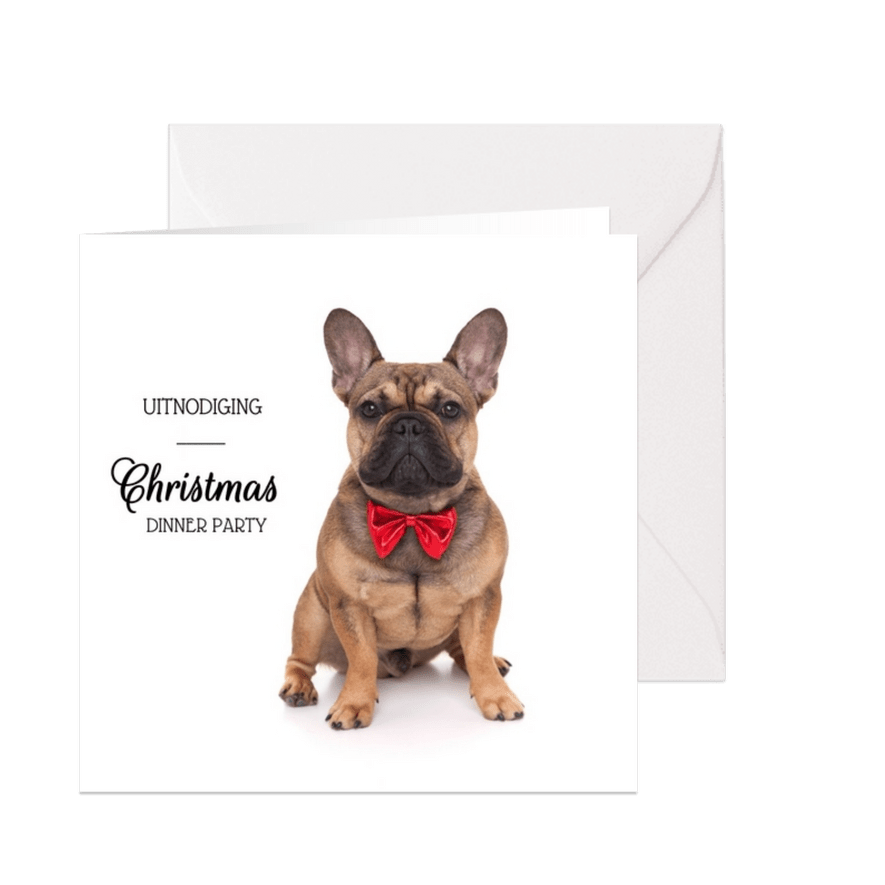 Kerstkaart uitnodiging - Franse Bull Dog met rode strik - Kaartimpressie