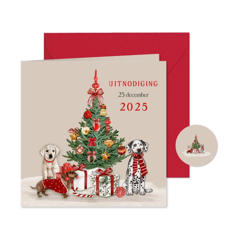 Kerstkaart uitnodiging kerstboom met hondjes - Kaartimpressie