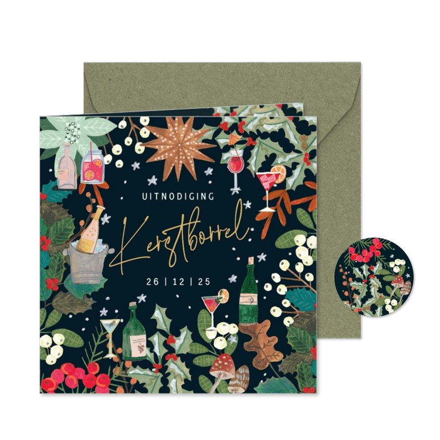 Kerstkaart uitnodiging kerstborrel botanisch - Kaartimpressie
