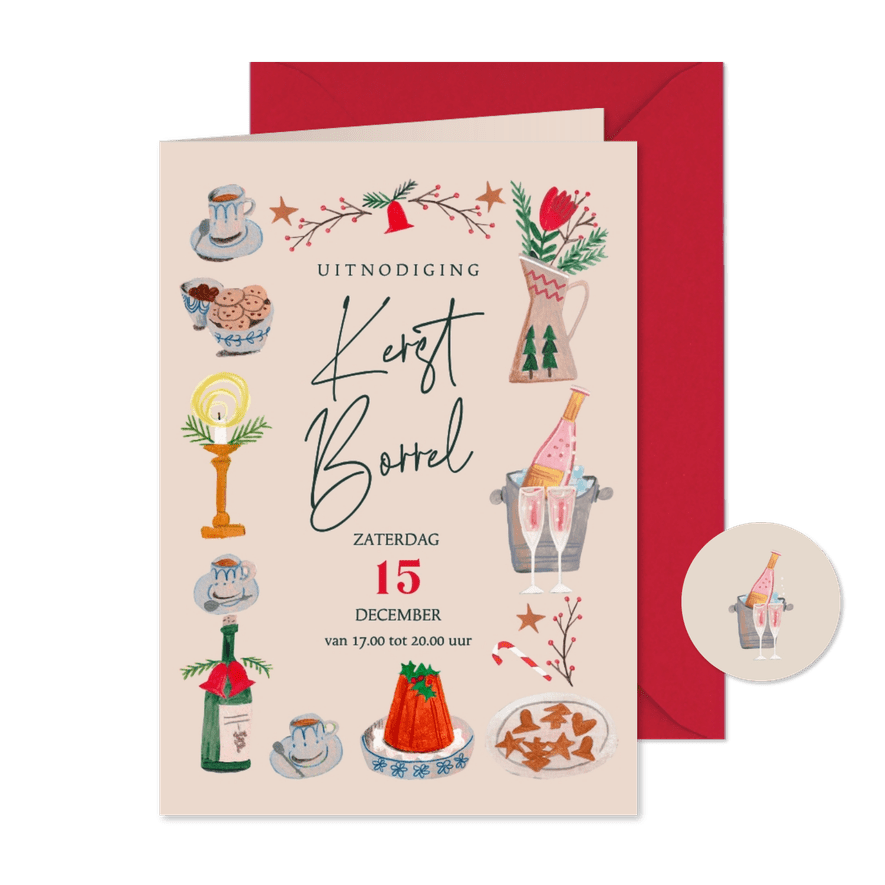 Kerstkaart uitnodiging kerstborrel kerst doodles illustratie - Kaartimpressie