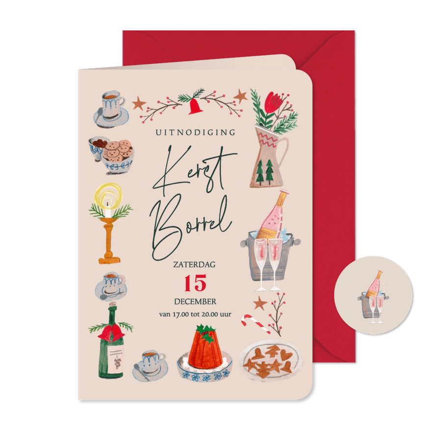 Kerstkaart uitnodiging kerstborrel kerst doodles - Kaartimpressie