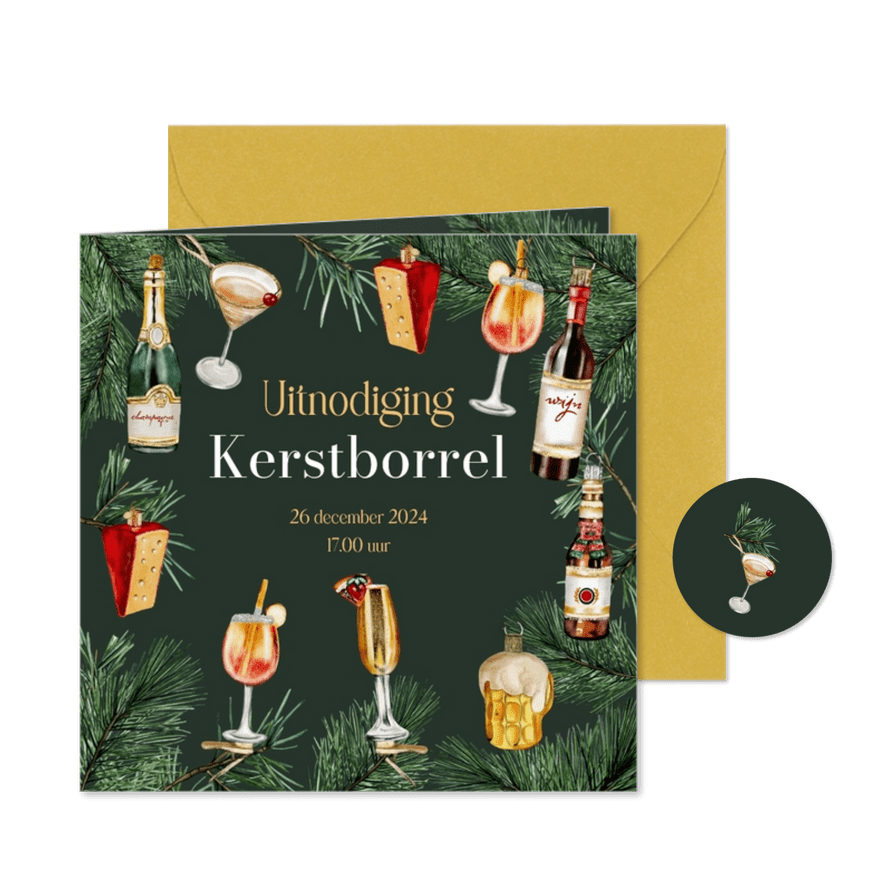 Kerstkaart uitnodiging kerstborrel ornamenten - Kaartimpressie