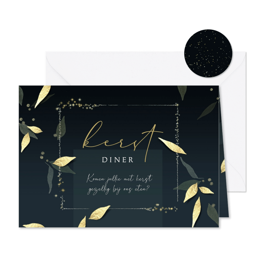 Kerstkaart uitnodiging kerstdiner botanisch en goudlook - Kaartimpressie