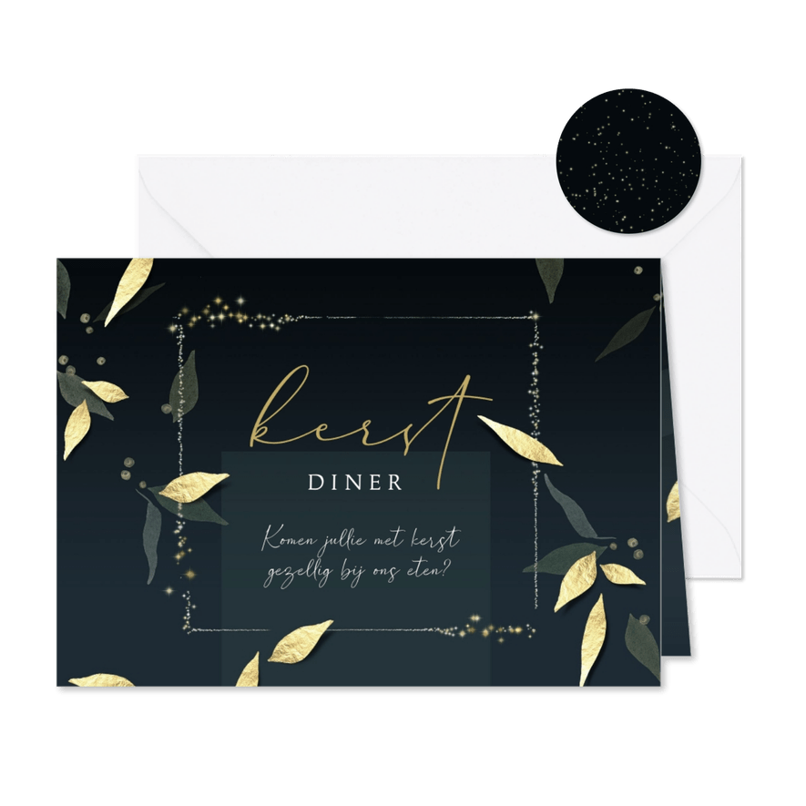 Kerstkaart uitnodiging kerstdiner botanisch en goudlook - Kaartimpressie