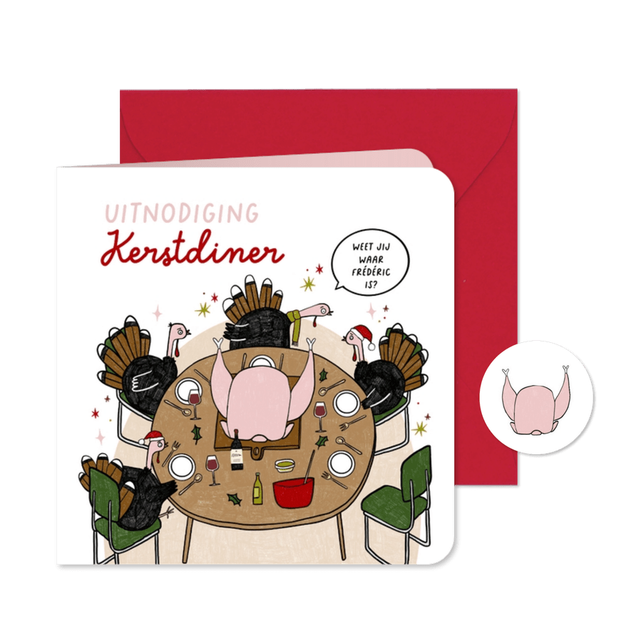 Kerstkaart uitnodiging kerstdiner kalkoen cartoon - Kaartimpressie