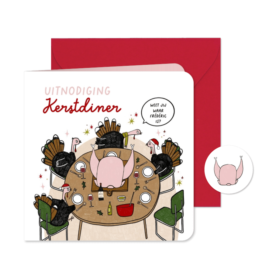 Kerstkaart uitnodiging kerstdiner kalkoen cartoon - Kaartimpressie