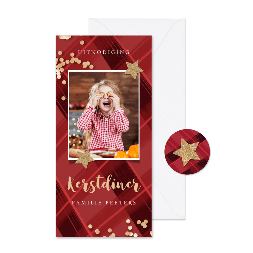 Kerstkaart uitnodiging kerstdiner ruitjes rood confetti goud - Kaartimpressie