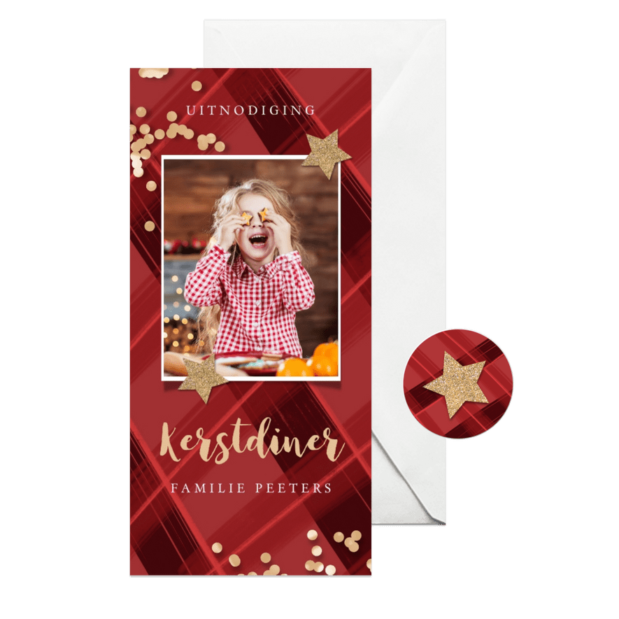 Kerstkaart uitnodiging kerstdiner ruitjes rood confetti goud - Kaartimpressie