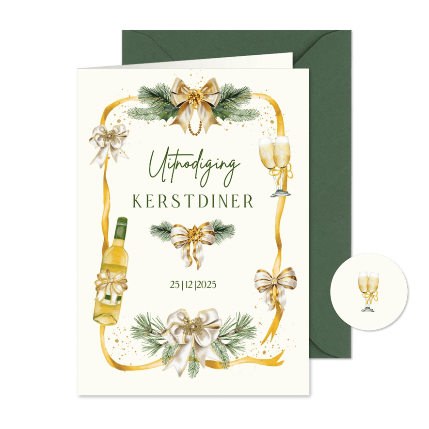 Kerstkaart uitnodiging kerstdiner strikken aan lint - Kaartimpressie