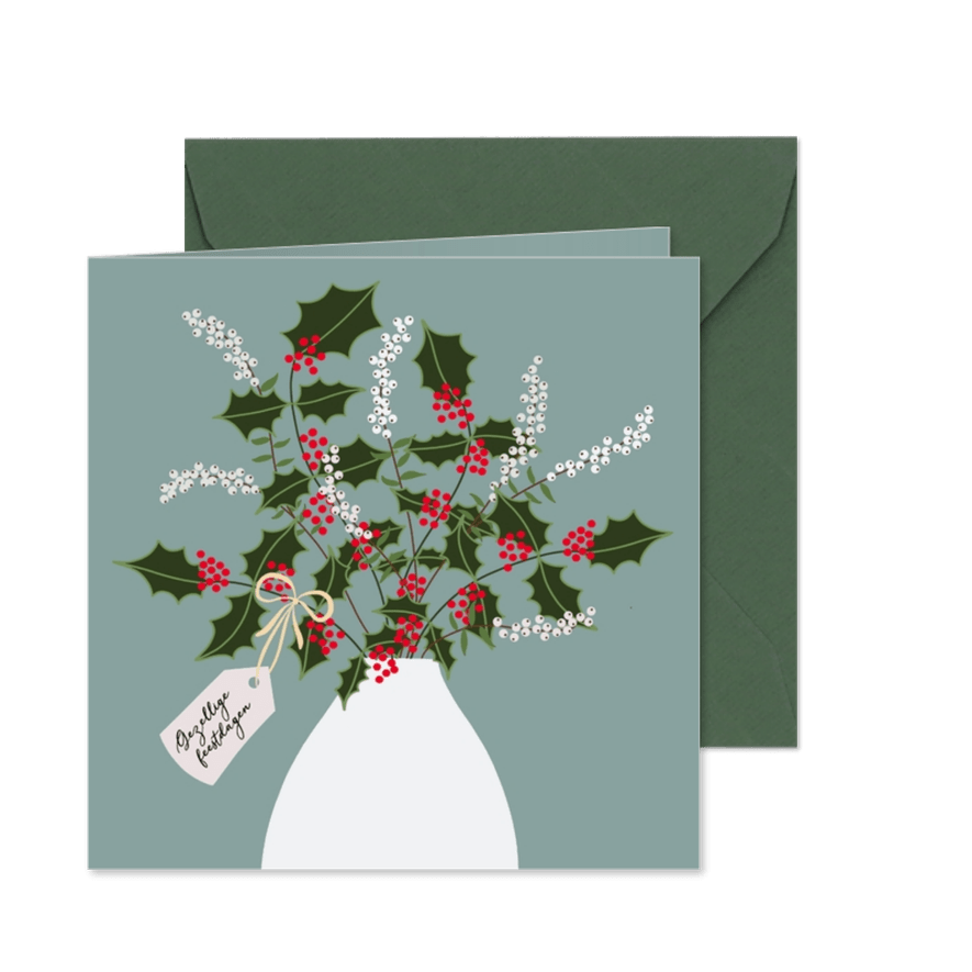 Kerstkaart - Vaas met hulst en witte besjes - Kaartimpressie