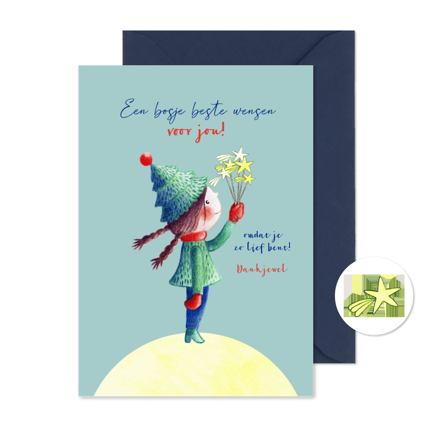 Kerstkaart van een kerst meisje met wens sterren - Kaartimpressie