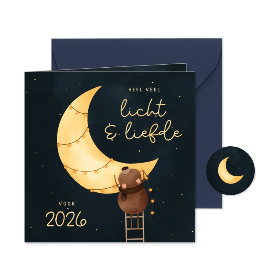 Kerstkaart veel licht & liefde voor 2026 maan met beertje - Kaartimpressie