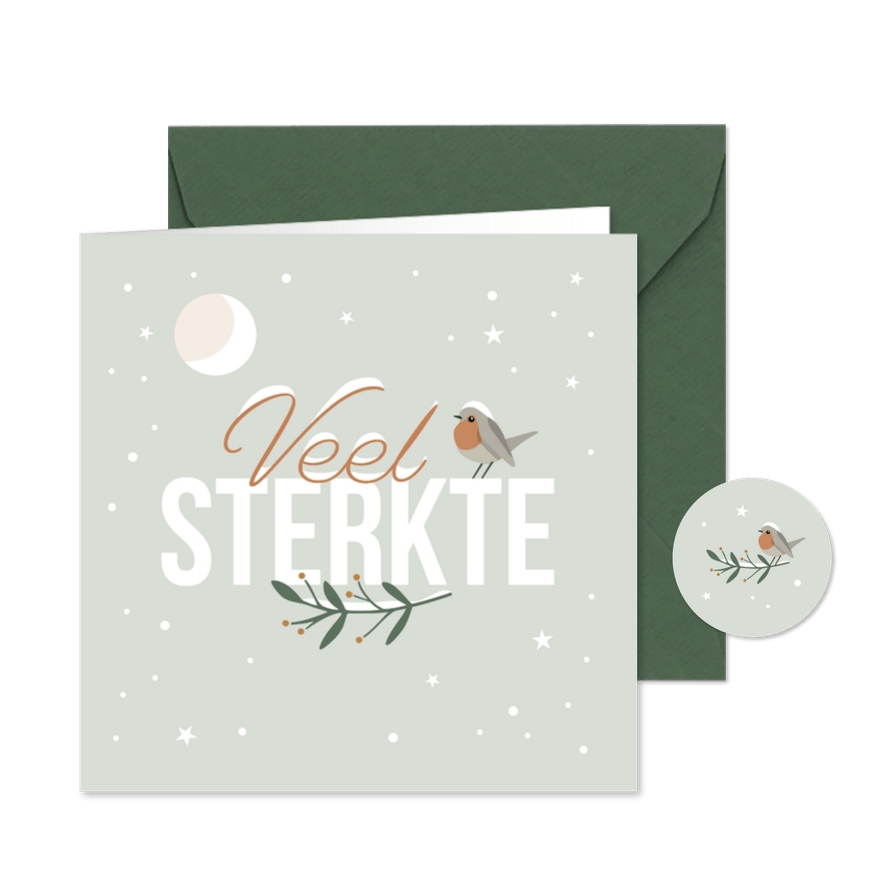 Kerstkaart 'Veel sterkte' roodborstje in de sneeuw - Kaartimpressie