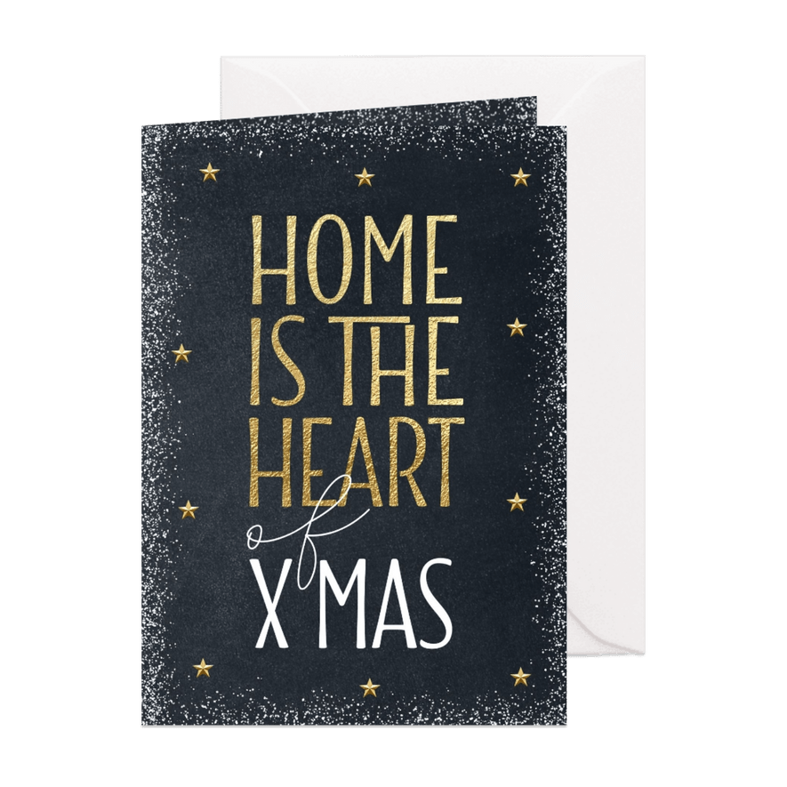 Kerstkaart verhuis Home is the heart of Xmas goud krijtbord - Kaartimpressie