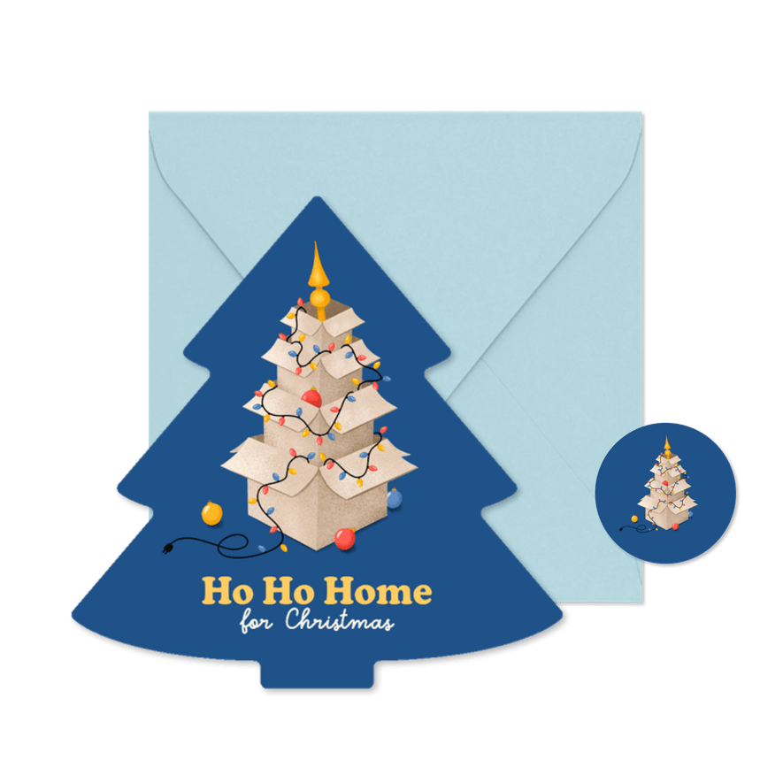 Kerstkaart verhuisbericht kerstboom dozen lampjes kerstbal - Kaartimpressie