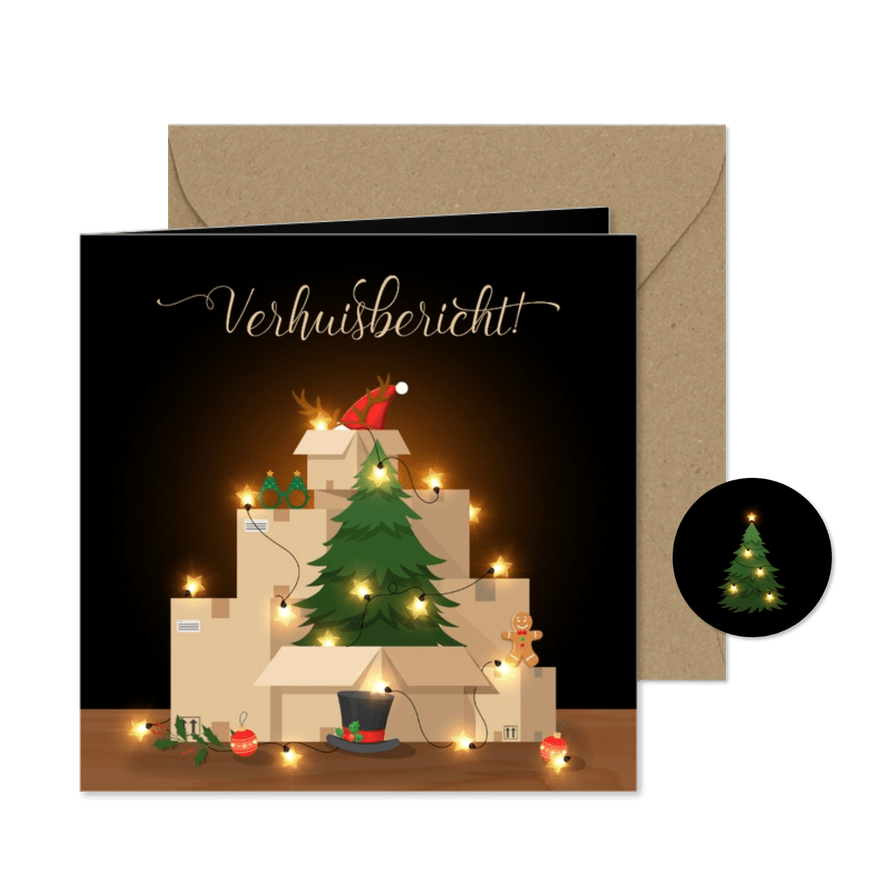 Kerstkaart verhuisbericht verhuisdozen met kerstspullen - Kaartimpressie