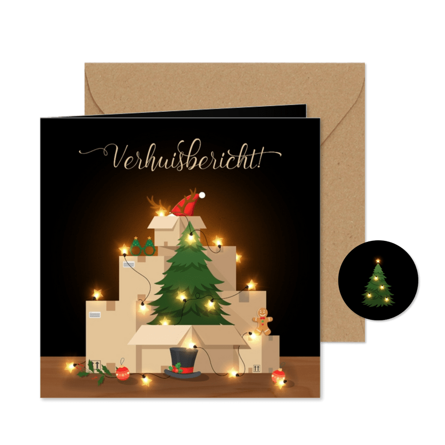 Kerstkaart verhuisbericht verhuisdozen met kerstspullen - Kaartimpressie