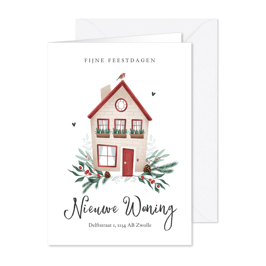 Kerstkaart verhuisd huisje roodborstje kerst takjes foto - Kaartimpressie