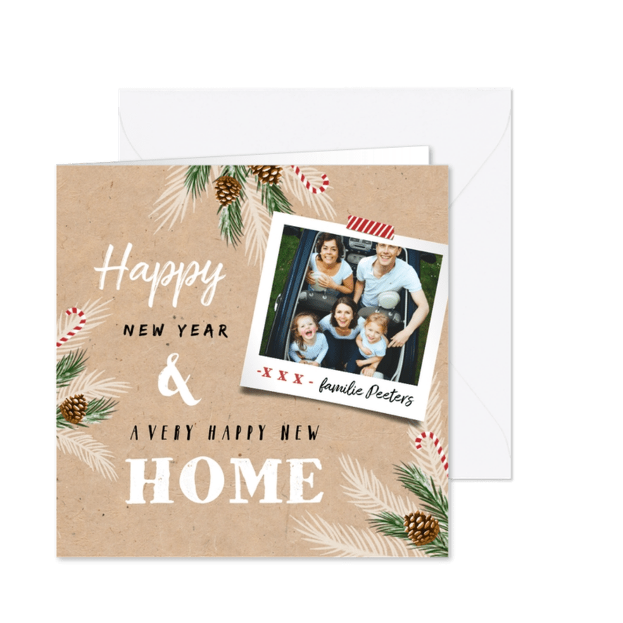 Kerstkaart verhuisd kraftlook met dennentakjes en foto - Kaartimpressie
