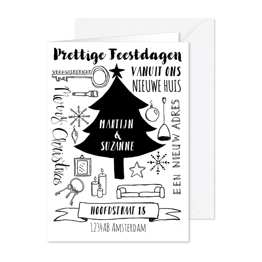 Kerstkaart verhuiskaart zwart-wit handlettering  - Kaartimpressie