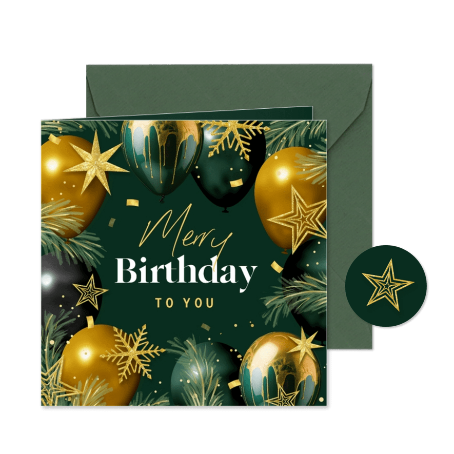 Kerstkaart verjaardagskaart merry birthday ballonnen sterren - Kaartimpressie