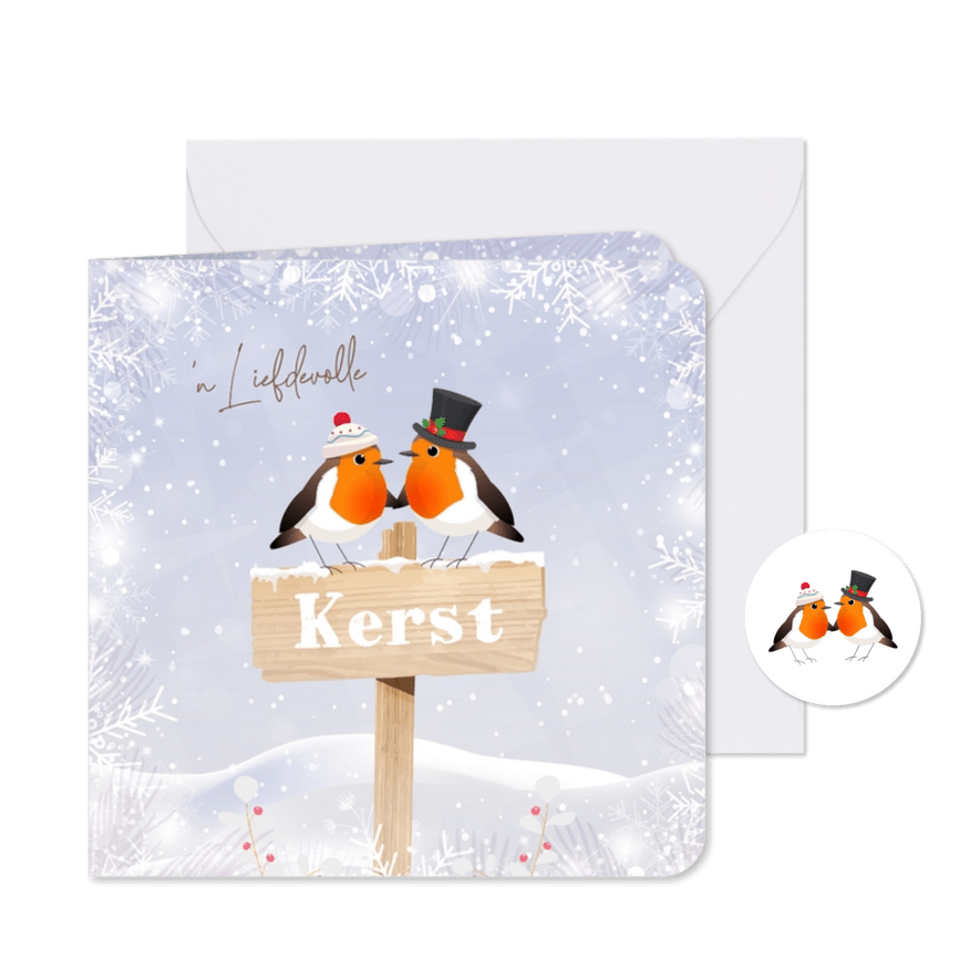 Kerstkaart verliefde roodborstjes in sneeuwlandschap - Kaartimpressie