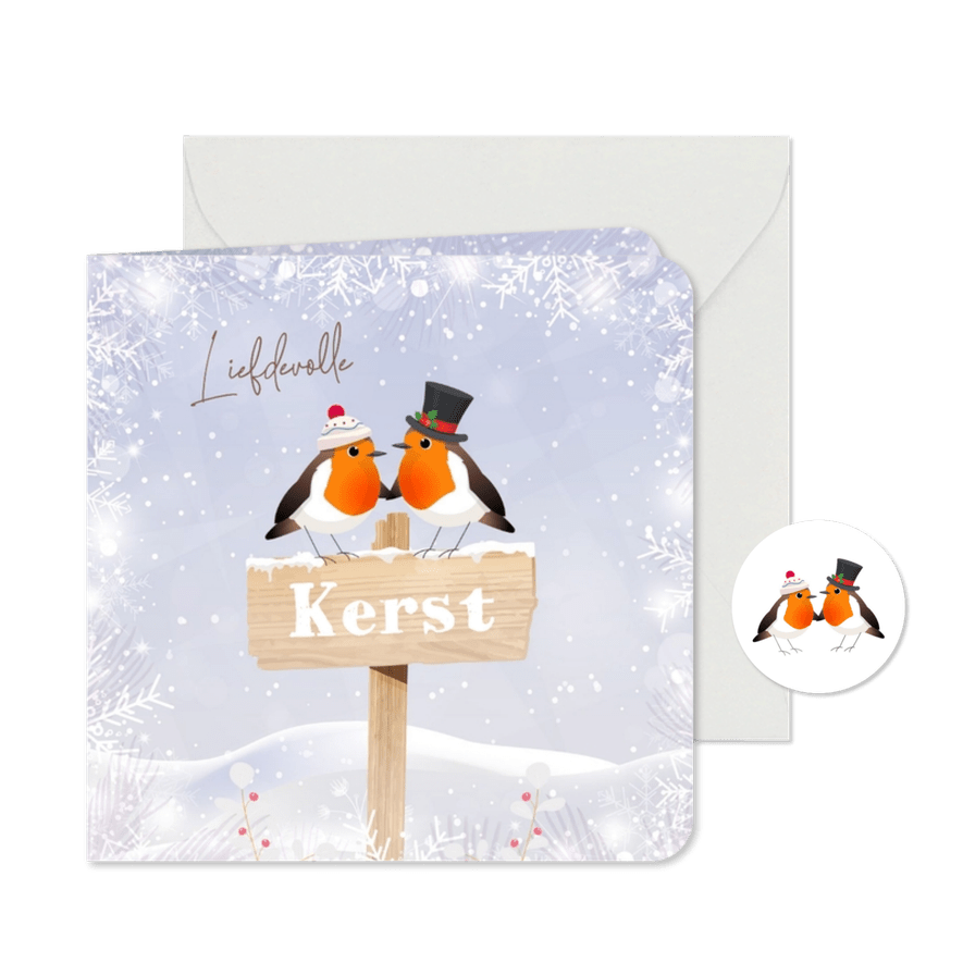 Kerstkaart verliefde roodborstjes in sneeuwlandschap - Kaartimpressie
