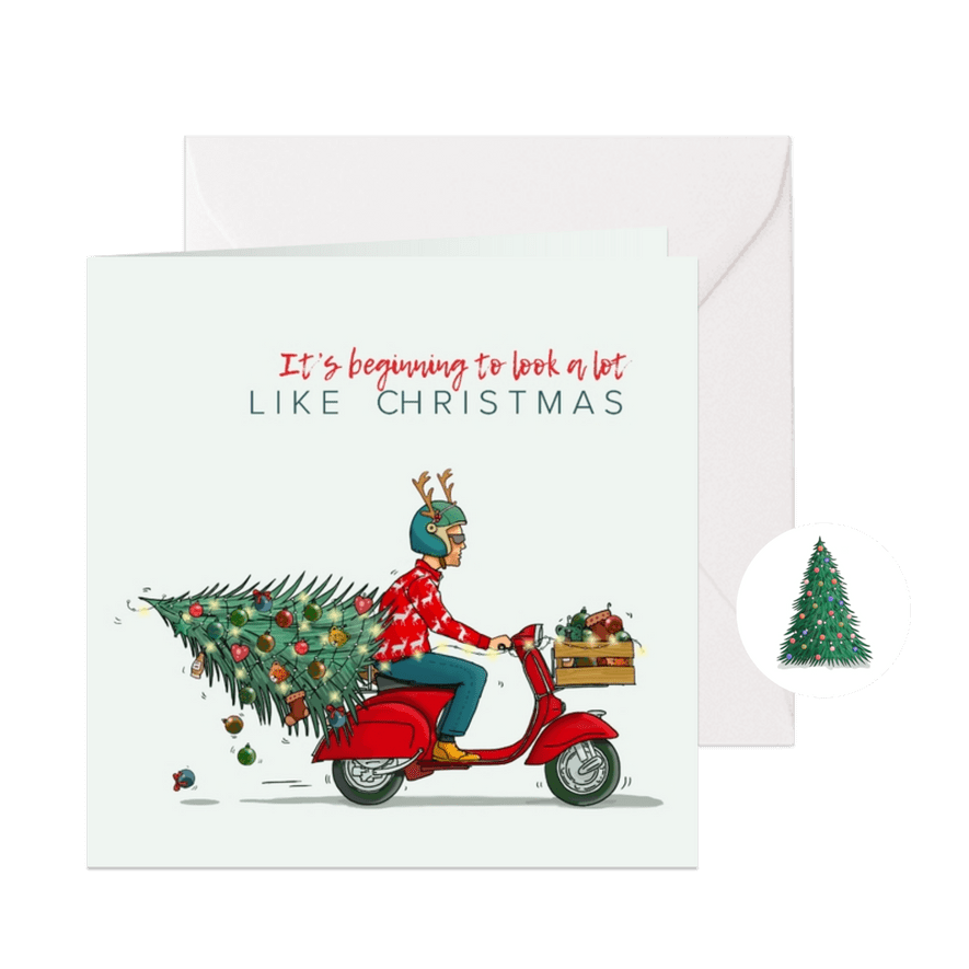 Kerstkaart Vespa scooter met kerstboom - Kaartimpressie