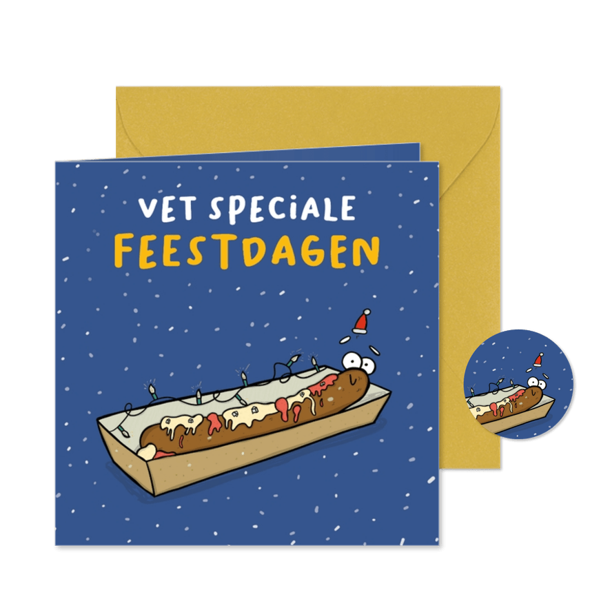 Kerstkaart vet speciale feestdagen frikandel met kerstmuts - Kaartimpressie