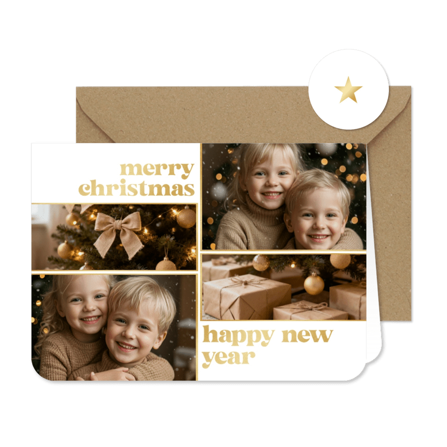 Kerstkaart vier foto's gouden spetters merry christmas  - Kaartimpressie