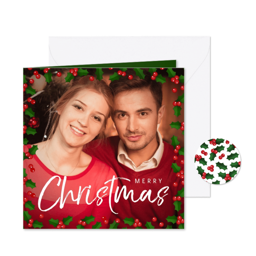 Kerstkaart vierkant grote foto met hulst kader - Kaartimpressie