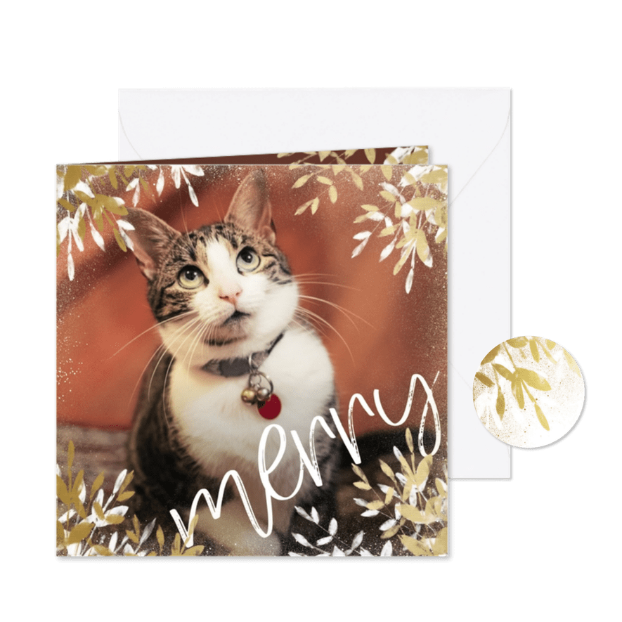 Kerstkaart vierkant merry met gouden en witte takken - Kaartimpressie