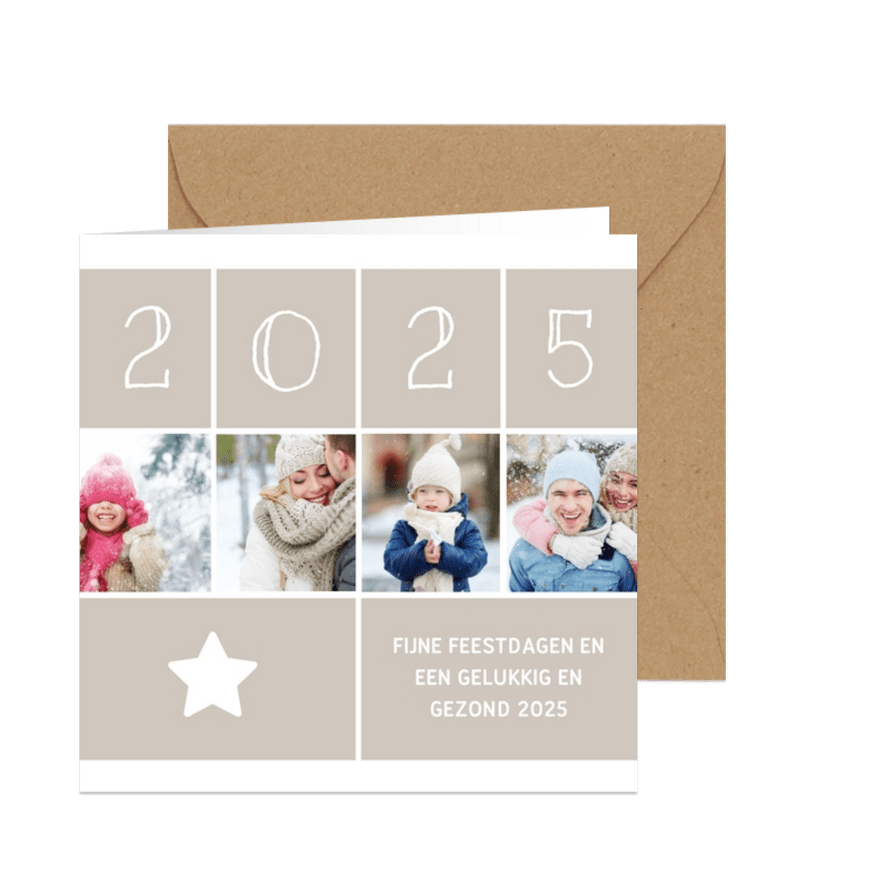 Kerstkaart vierkant met foto's, ster en jaartal 2025 - Kaartimpressie