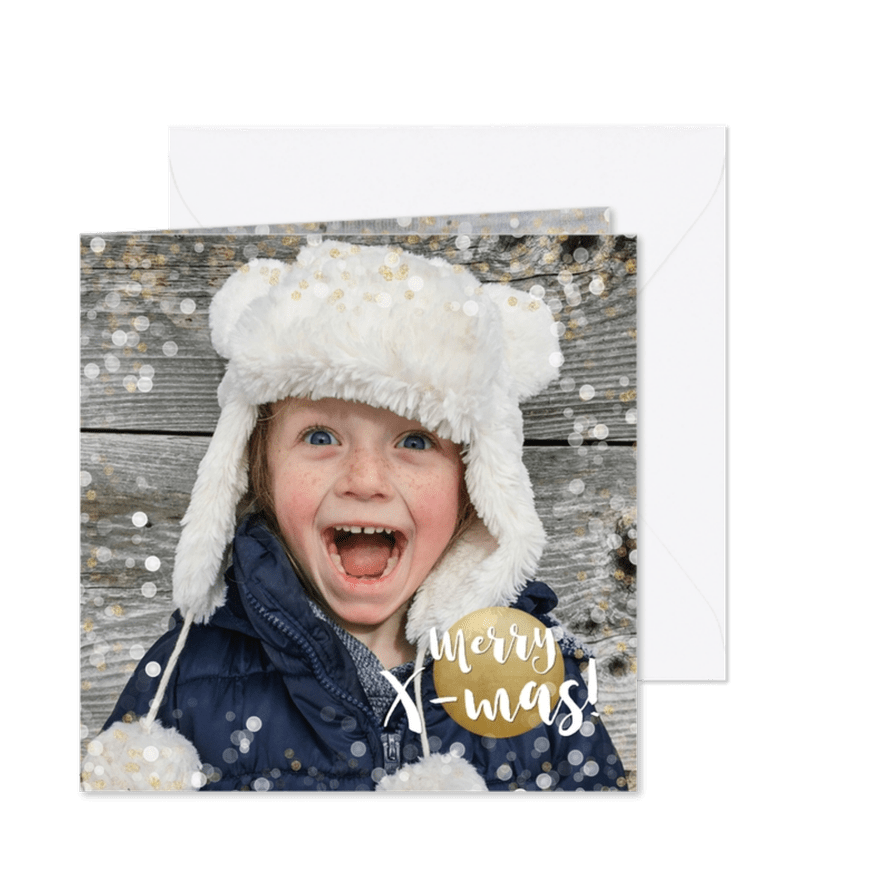 Kerstkaart vierkant met goud en witte confetti en grote foto - Kaartimpressie