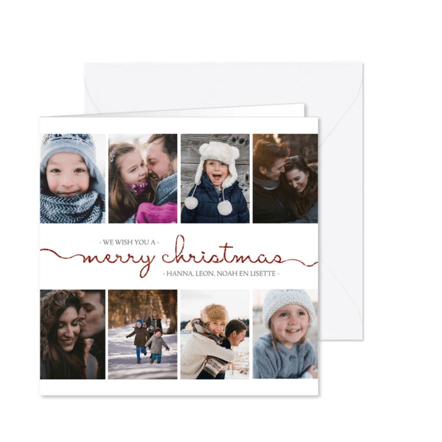 Kerstkaart vierkant met sierlijke letters en foto's - Kaartimpressie
