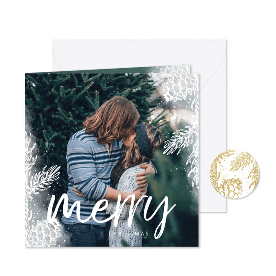 Kerstkaart vierkant wit dennentakje met foto achtergrond - Kaartimpressie