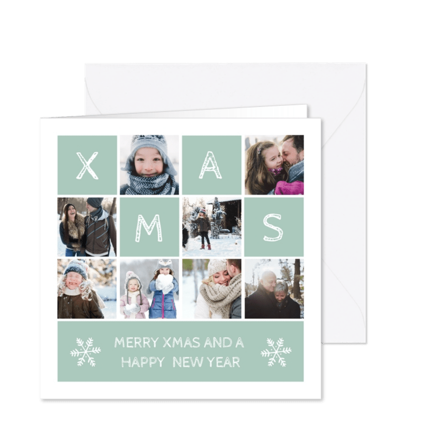 Kerstkaart vierkant XMAS met vakjes en foto's - Kaartimpressie