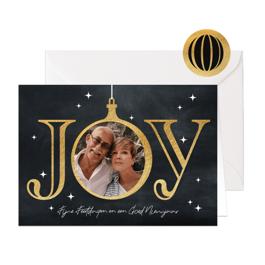 Kerstkaart vintage Joy kerstbal met foto - Kaartimpressie