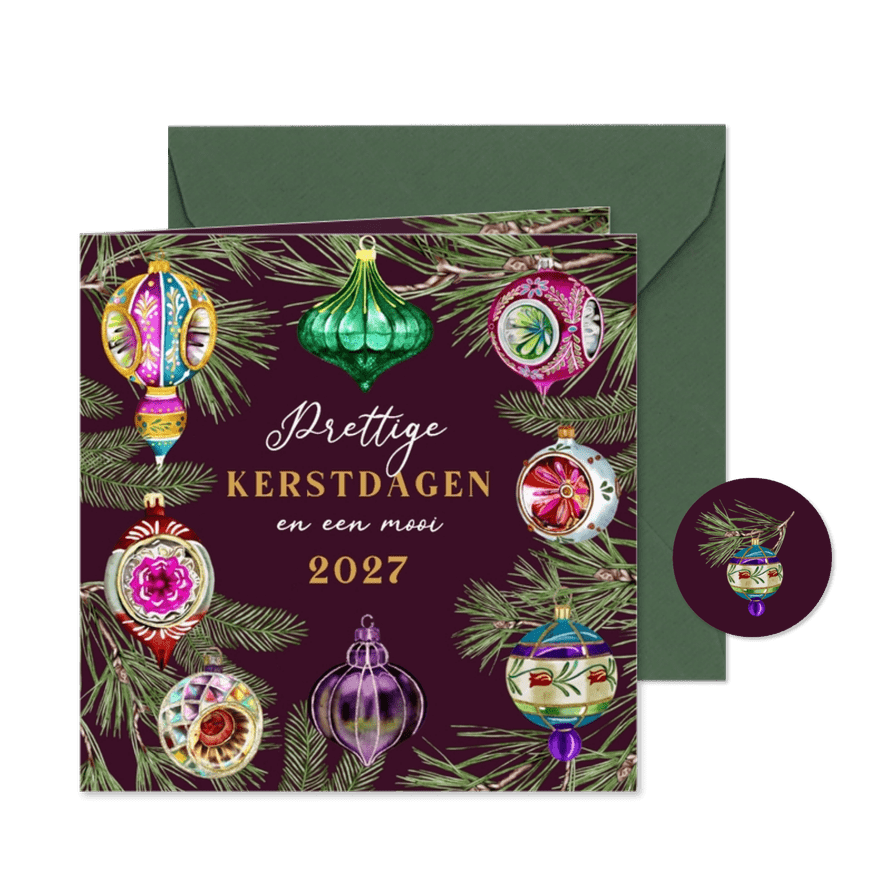 Kerstkaart vintage kerstballen dennentakken - Kaartimpressie