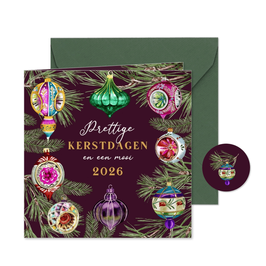 Kerstkaart vintage kerstballen dennentakken - Kaartimpressie