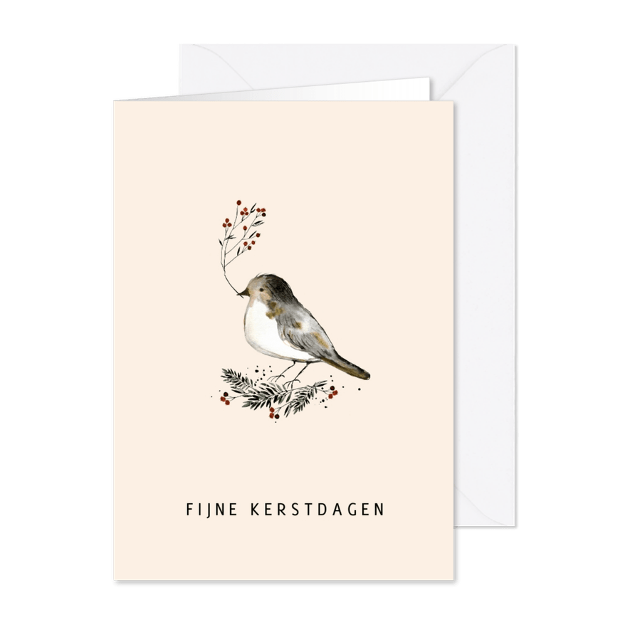 Kerstkaart vogel bessentak - Kaartimpressie