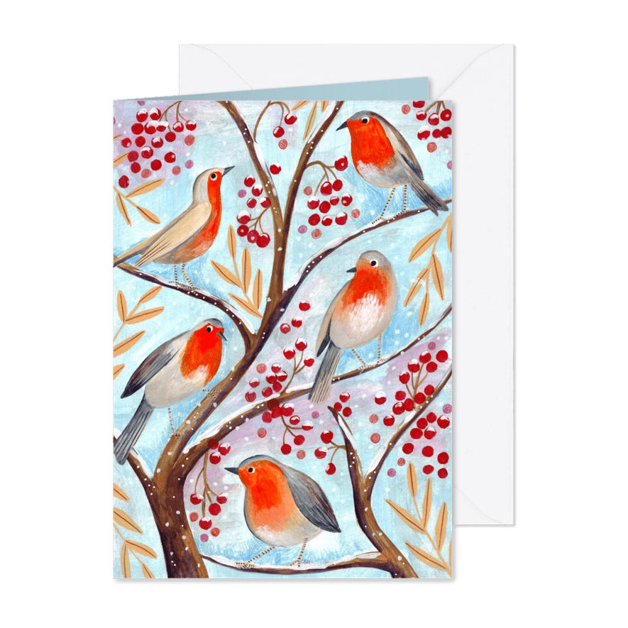 Kerstkaart vogel illustratie in een boom met besjes - Kaartimpressie