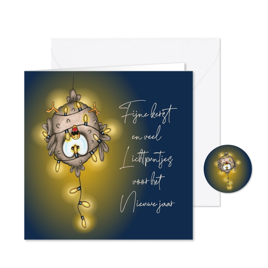Kerstkaart vogel in lichtsnoer gevangen - Kaartimpressie