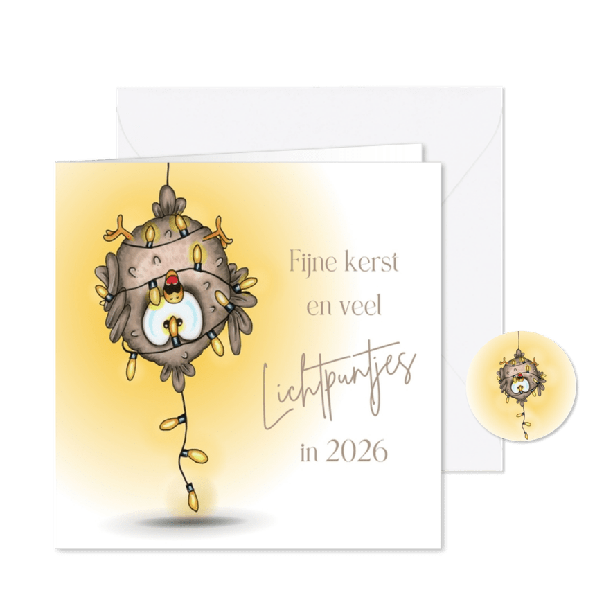 Kerstkaart vogel met lichtpuntjes - Kaartimpressie