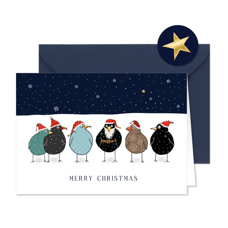 Kerstkaart vogels met kerstmuts en baard in de sneeuw - Kaartimpressie